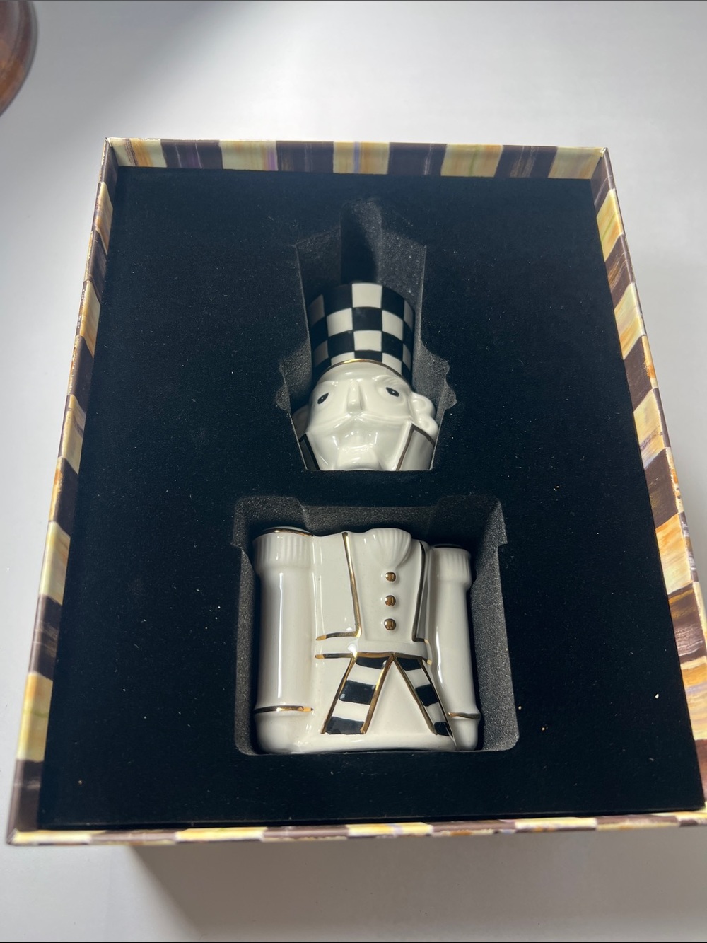 MacKenzie-Childs Black, White & Gold Ceramic Nutcracker salt, and pepper shaker